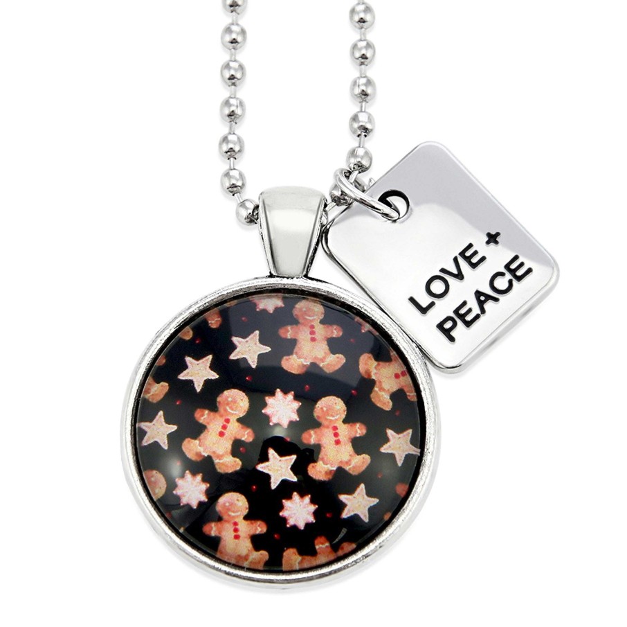 Jewellery Papa Glewy | Christmas - Vintage Silver 'Love + Peace' Necklace - Gingerbread Black - (10752)