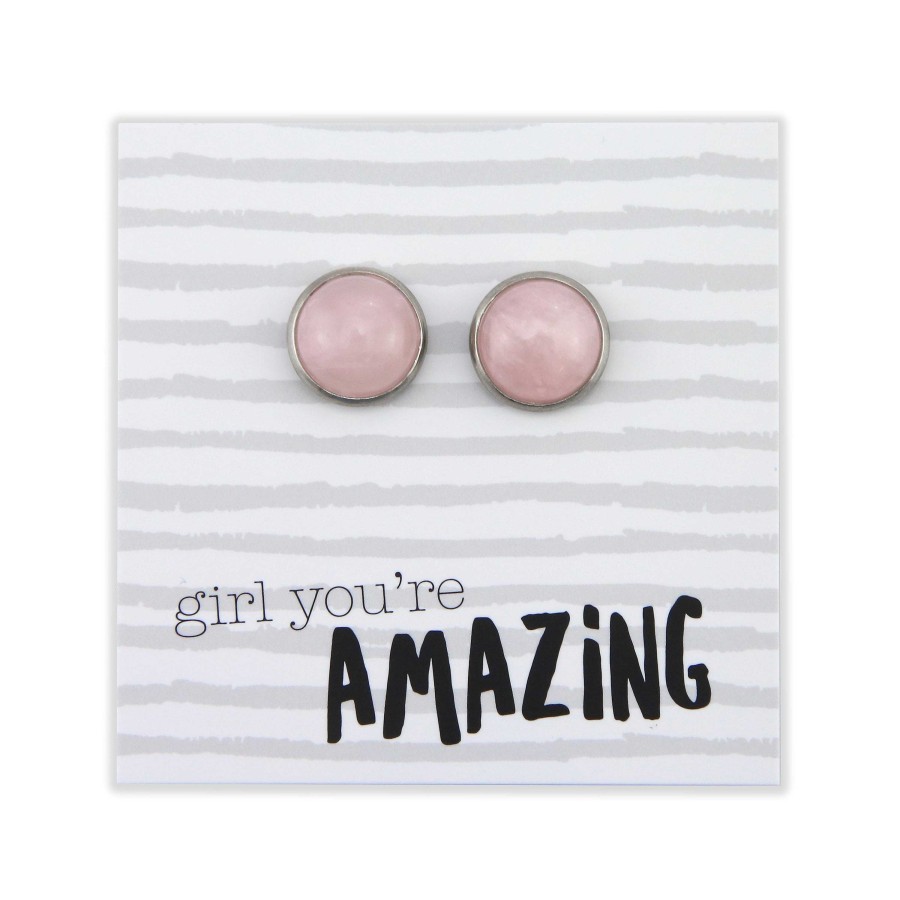 Jewellery Stone Earrings | Stone Earrings - Girl You'Re Amazing - Silver Surround Earring Studs - Rose Quartz (9102)