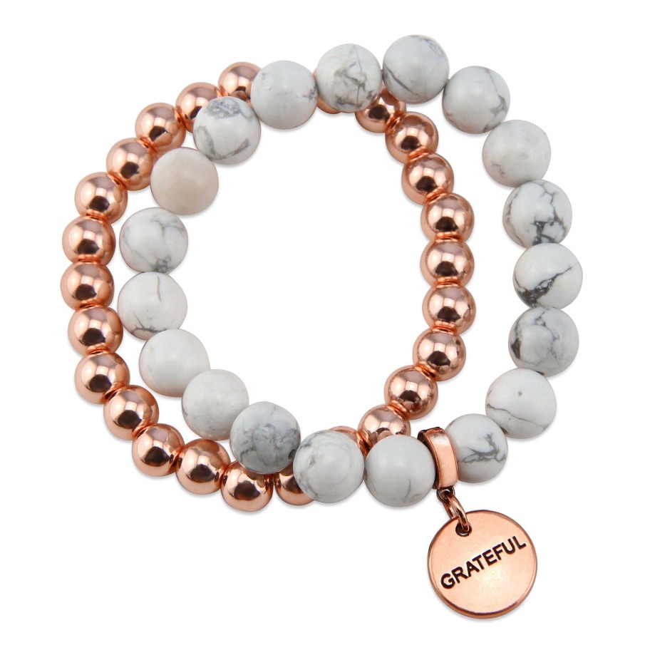 Jewellery Bracelets | Bracelet Duo! Rose Gold & White Marble Bead Bracelet Stacker Set - Grateful (12041)