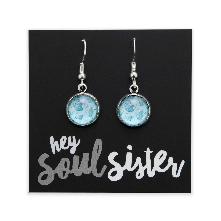 Jewellery Circle Drop Dangles | Teal Collection - Hey Soul Sister - Stainless Steel Bright Silver Dangle Earrings - Tea Time (12315)