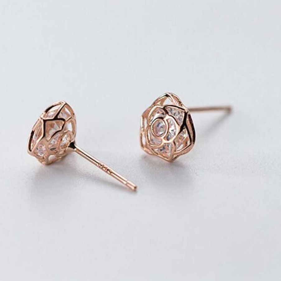 Jewellery Sterling Silver Studs | Rose Flower Stud With Cubic Zirconia - Sterling Silver Rose Gold - So Loved (9413-R)