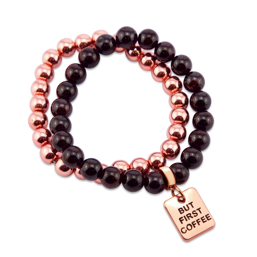 Jewellery Bracelets | Bracelet Duo! Rose Gold & Garnet Bead Bracelet Stacker Set - But First Coffee (10665)