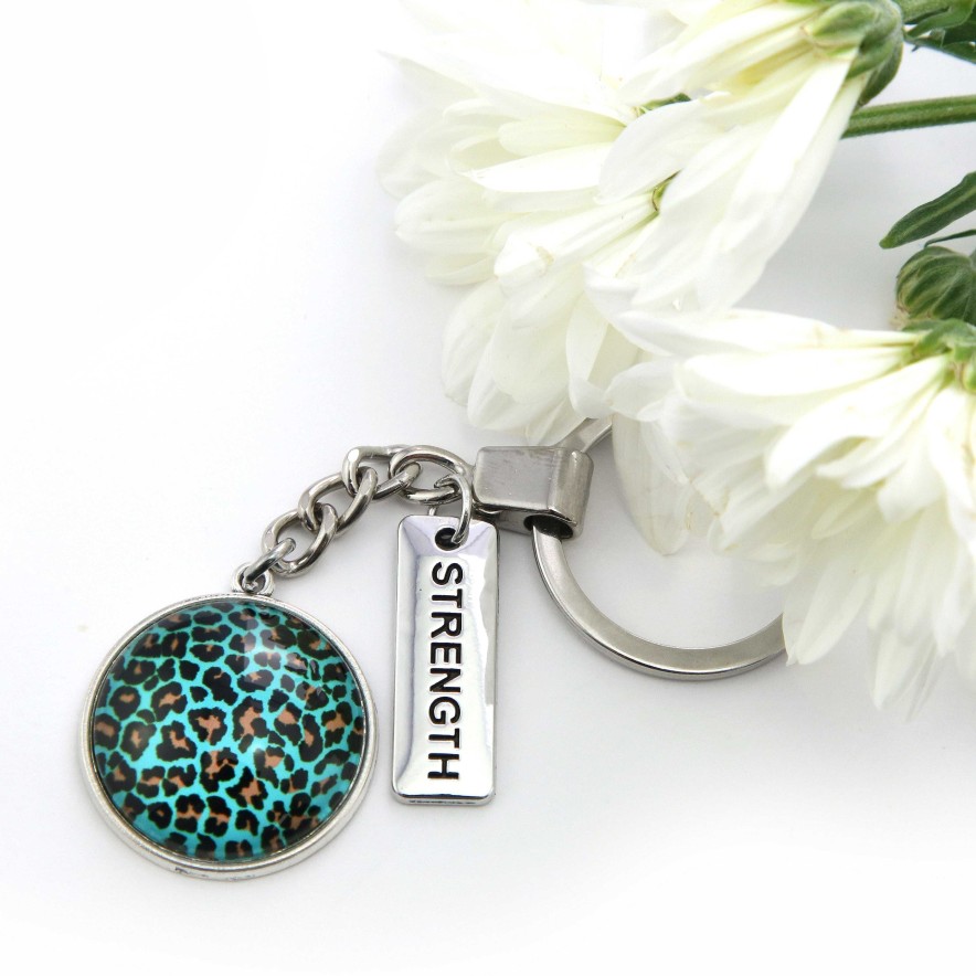 Accessories Papa Glewy | Teal Collection - Vintage Silver 'Strength' Keyring - Lagoon Leopard (12154)