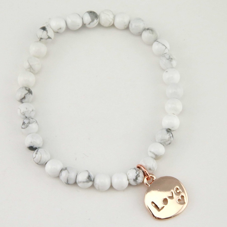 Jewellery Christmas Bracelets | Christmas Bracelet - White Marble Howlite Stone 6Mm Bracelet With Rose Gold Word Charm