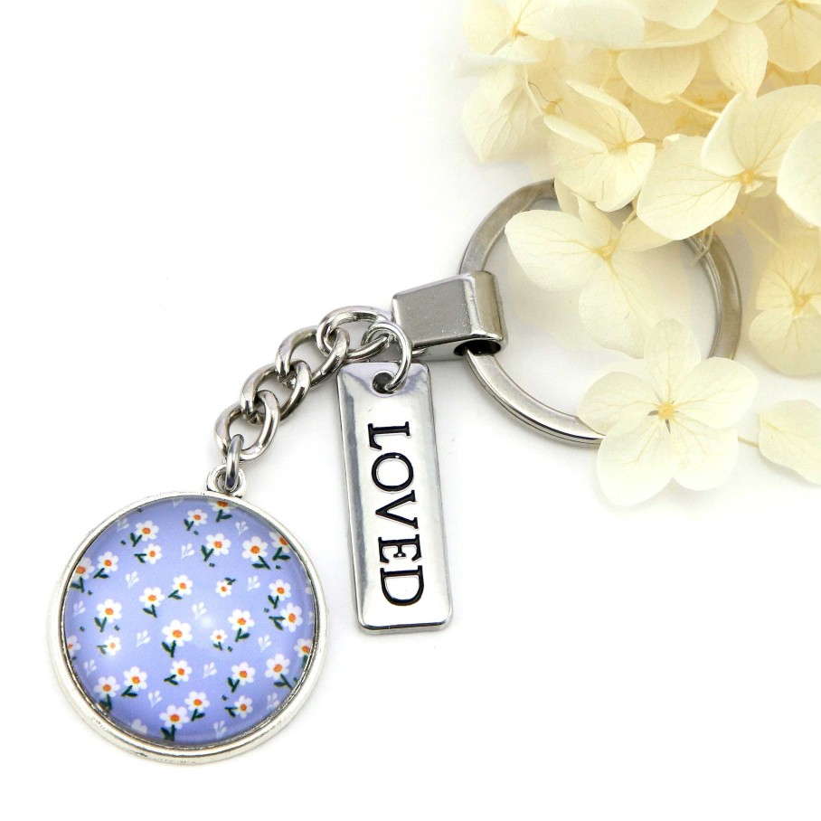 Accessories Papa Glewy | Spring - 'Loved' - Vintage Silver Keyring - Daisy Garden (10215)