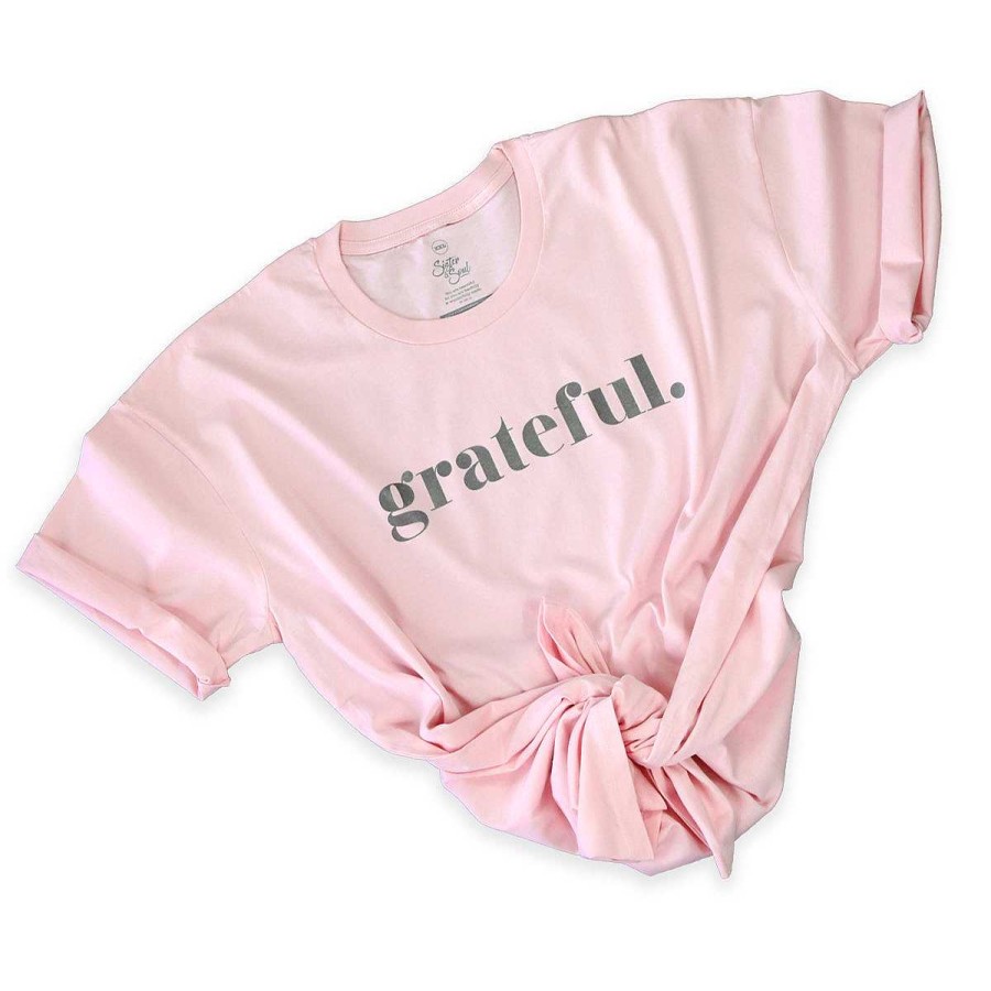 Apparel Tees Tanks & Totes | Grateful - Plus Size Long Boxy Tee - Pink With Charcoal Shimmer Print