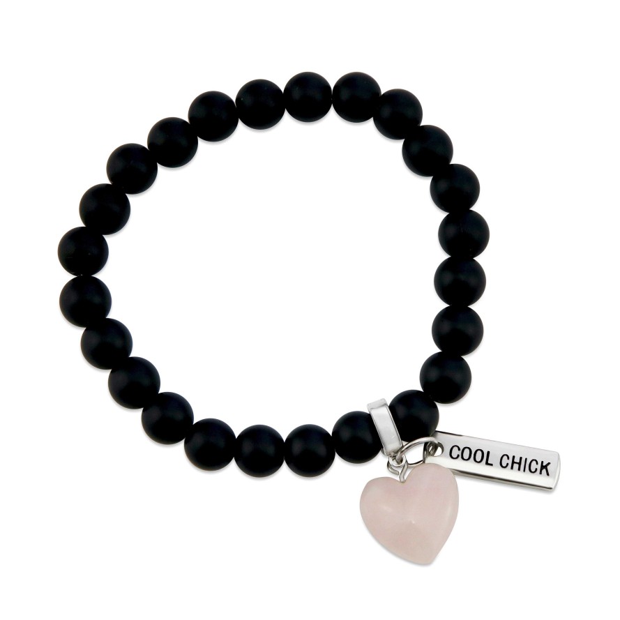 Jewellery Bracelets | Sweetheart Bracelet - 8Mm Matt Black Onyx Stone Beads With Small Rose Quartz Heart & Word Charm