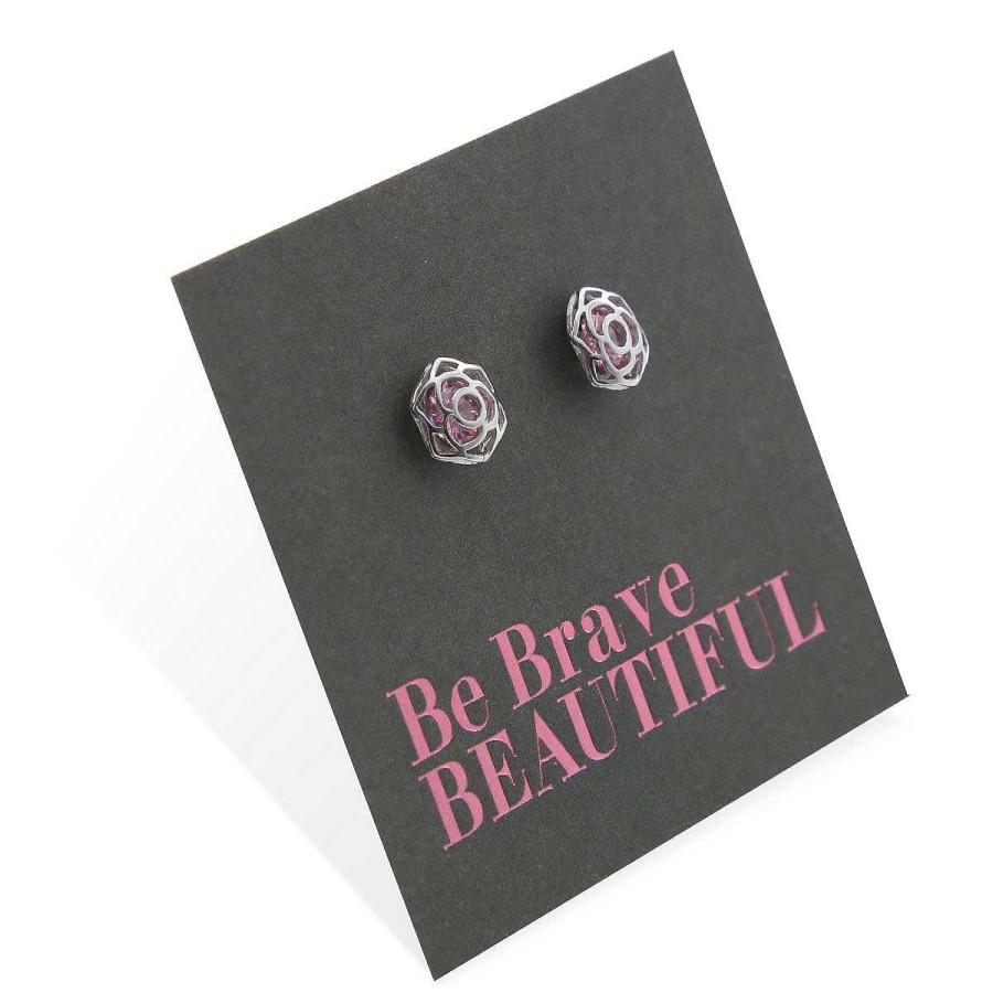 Jewellery Sterling Silver Studs | Sterling Silver Rose Shape Stud With Soft Pink Cz Crystal - Be Brave Beautiful (8814-F)