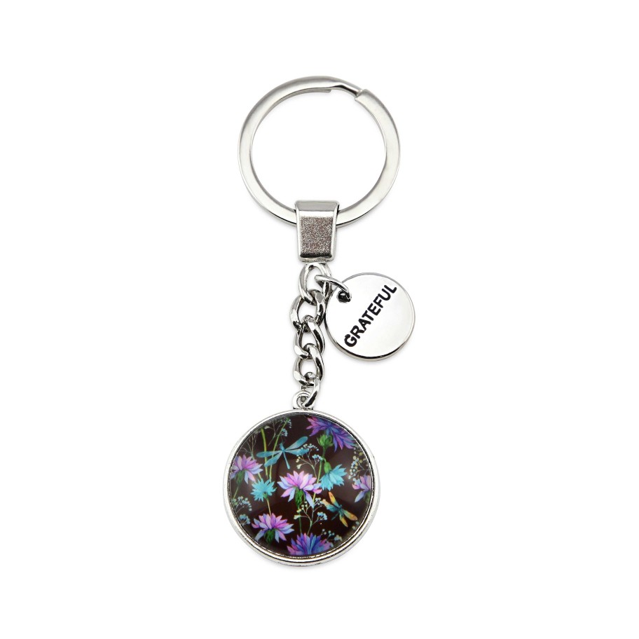 Accessories Papa Glewy | Wildflower Collection - Vintage Silver Keyring With 'Grateful' Charm - Dragonfly Grove (11331)