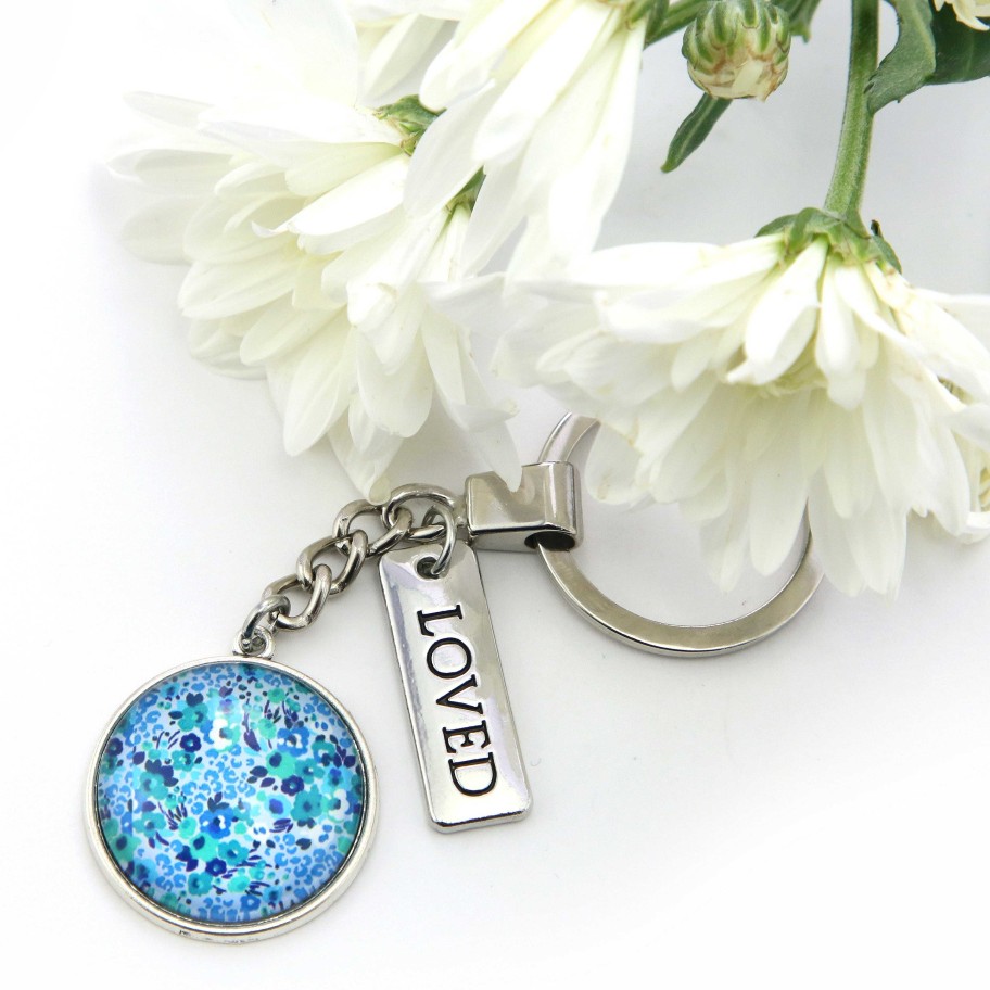 Accessories Papa Glewy | Teal Collection - Vintage Silver 'Loved' Keyring - Fandango Blue (12252)