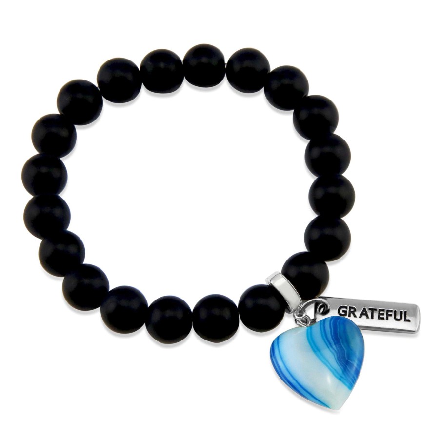 Jewellery Bracelets | Sweetheart Bracelet - 10Mm Matt Black Onyx Stone Beads With Blue Heart & Word Charm