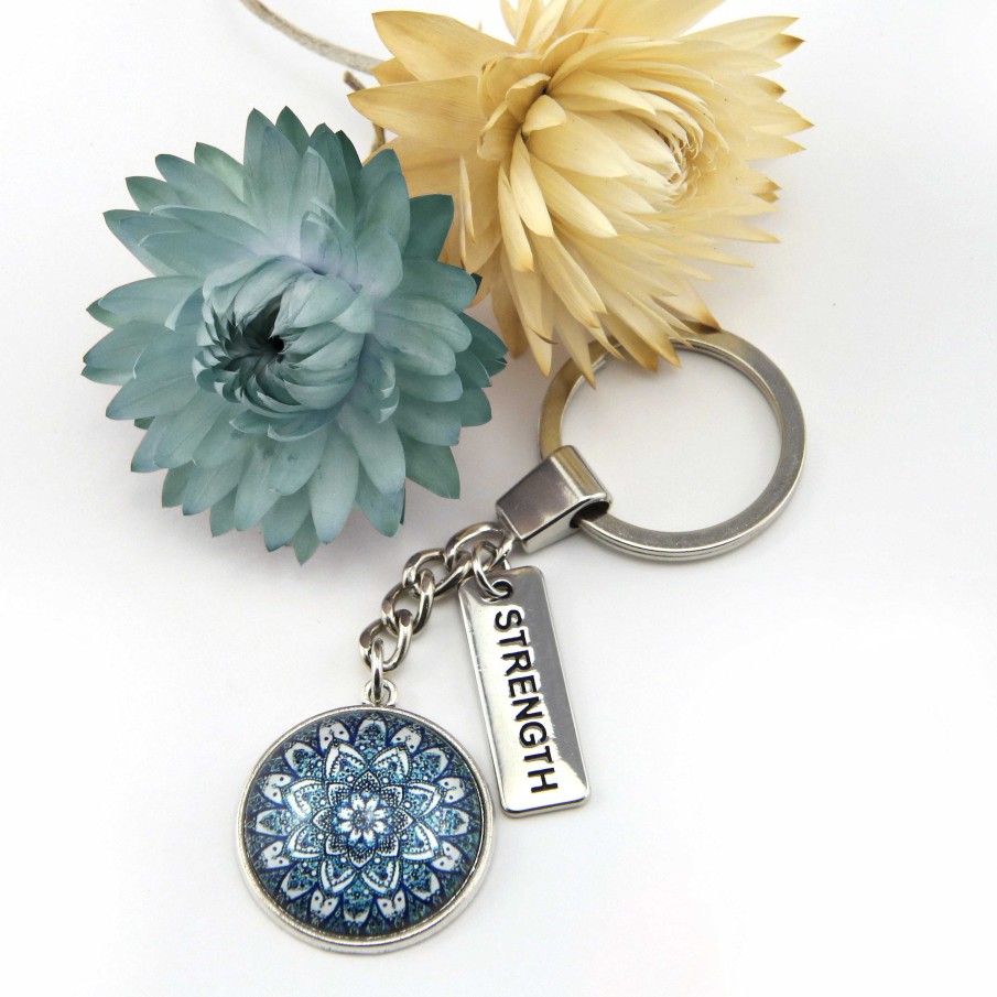 Accessories Papa Glewy | Heart And Soul - Vintage Silver Keyring With ' Strength ' Charm - Floral Ice (11154)