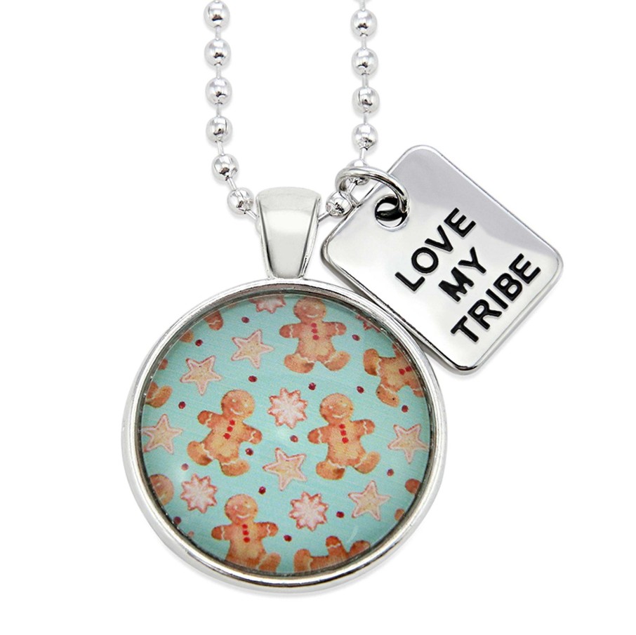 Jewellery Papa Glewy | Christmas - Bright Silver 'Love My Tribe' Necklace - Gingerbread Aqua (10825)