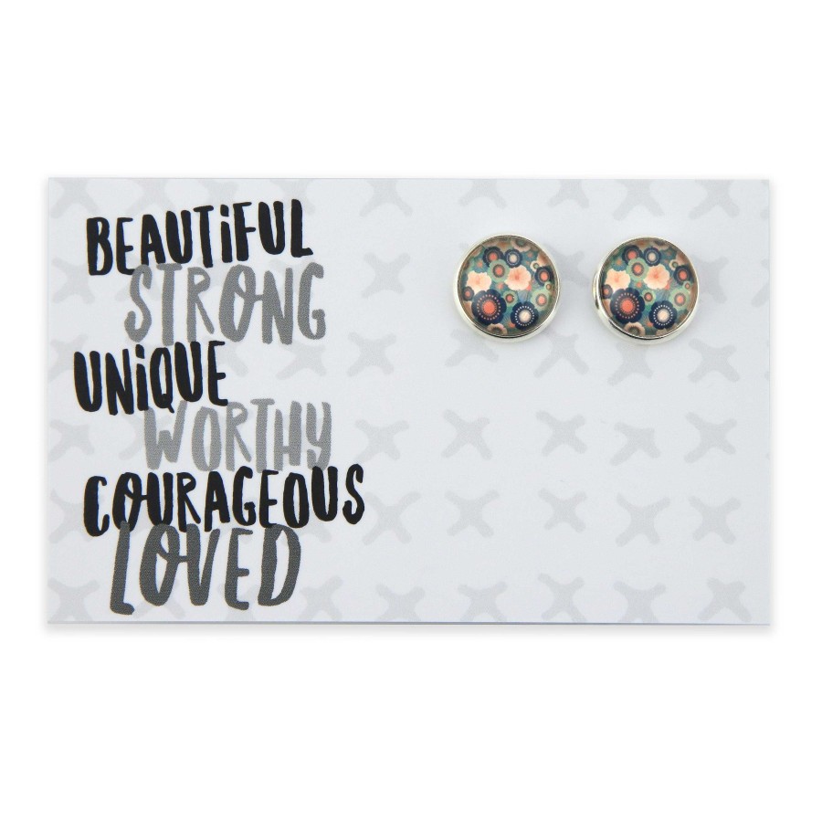 Jewellery Deluxe Stud Earrings | Teal Collection - Beautiful Strong Worthy - Bright Silver Surround Circle Studs - Valentina (12322)