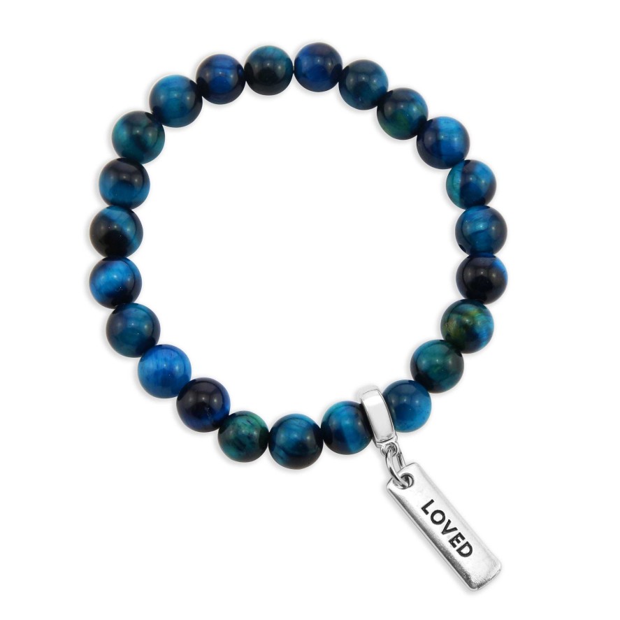 Jewellery Bracelets | Precious Stones - Teal Tigers Eye 8Mm Bead Bracelet - With Word Charms (3014)