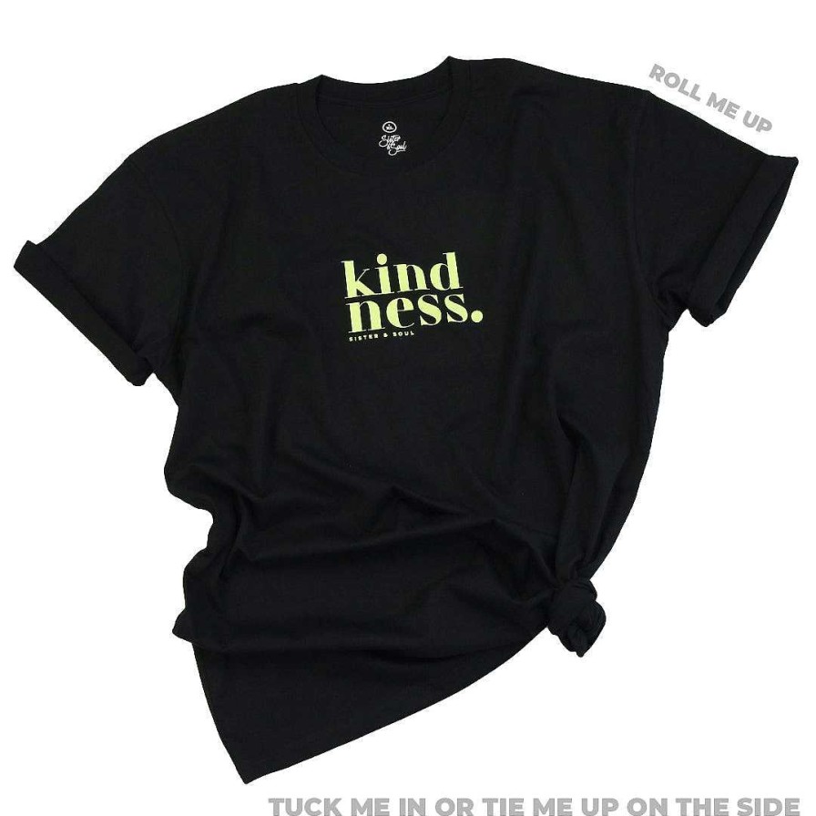 Apparel Tees Tanks & Totes | Kindness - Plus Size Long Boxy Tee - Black With Soft Lime Print