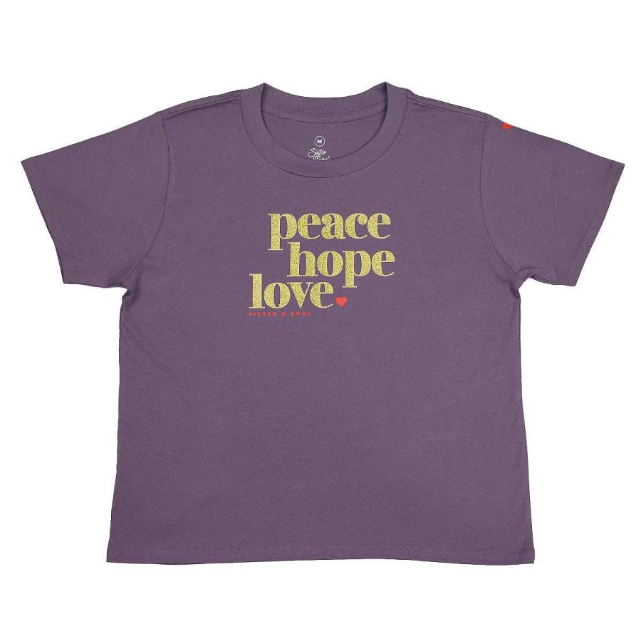 Apparel Tees Tanks & Totes | Peace Hope Love - Dusty Purple Cropped Wide Boxy Tee - Gold Glitter Print