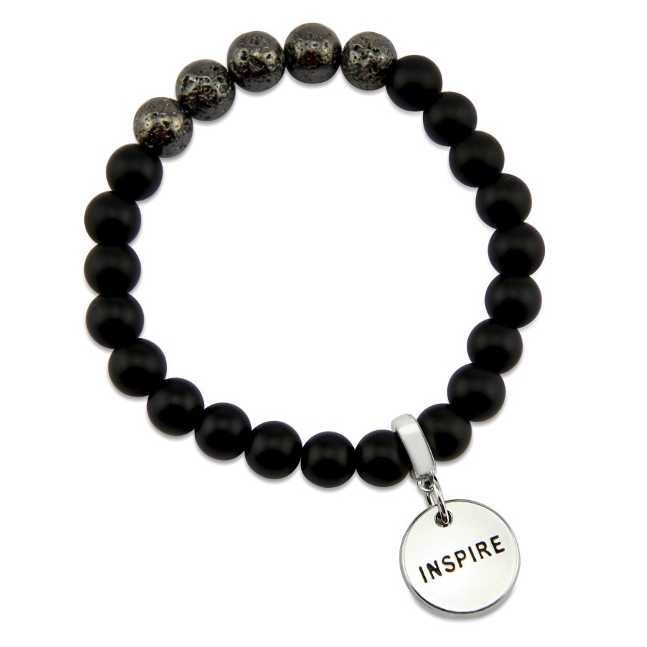 Jewellery Bracelets | Lava Stone Bracelet - 8Mm Matt Black Onyx + Metallic Lava Stone Beads - With Silver Word Charm