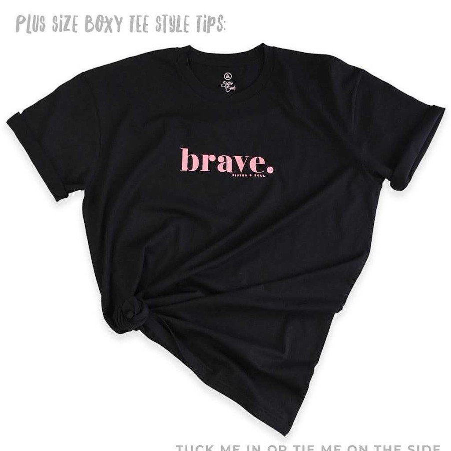 Apparel Tees Tanks & Totes | Brave - Plus Size Long Boxy Tee - Black With Pink Print