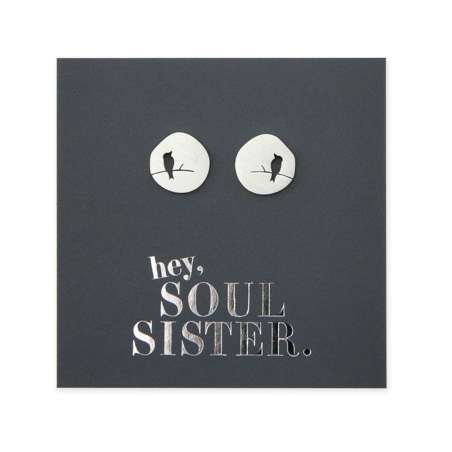 Jewellery Premium Studs | Stainless Steel Earring Studs - Brushed Silver - Hey Soul Sister - Bird On A Branch (9404)