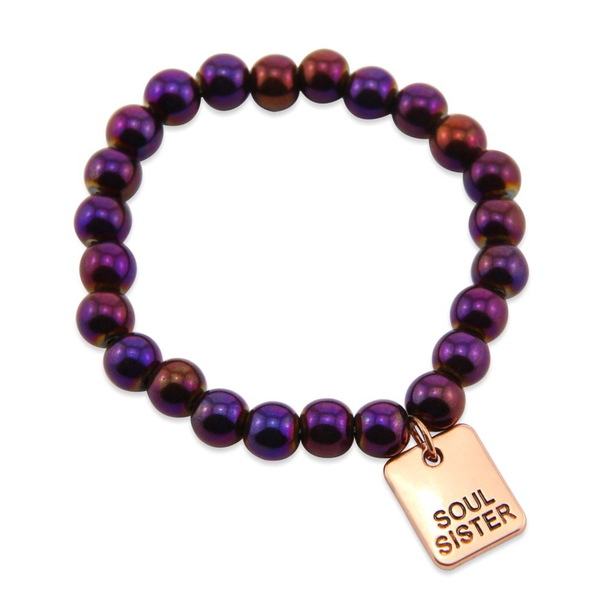 Jewellery Bracelets | The Strong Women Collection Hematite Bracelet 8Mm Beads With Word Charm - Purple Powerhouse