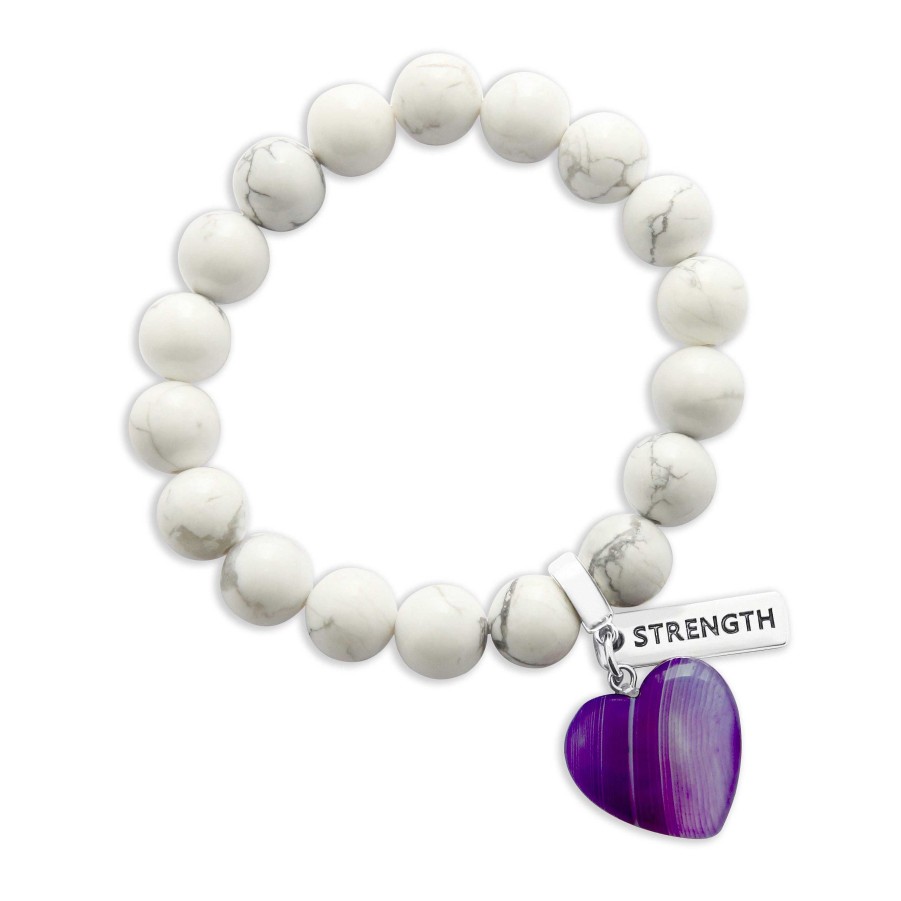 Jewellery Bracelets | Sweetheart Bracelet - 10Mm White Marble With Purple Striped Agate Heart Charm & Word Charm