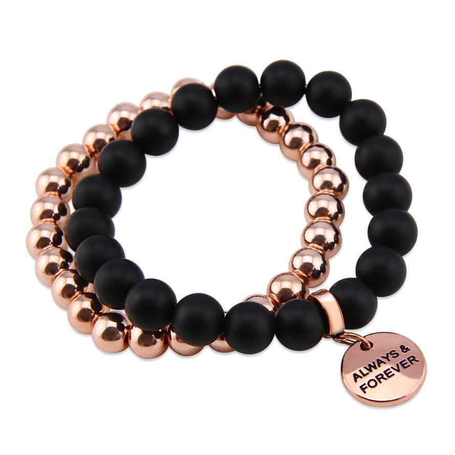 Jewellery Bracelets | Bracelet Duo! Rose Gold & Matt Black Onyx Bead Bracelet Stacker Set - Always & Forever (12043)