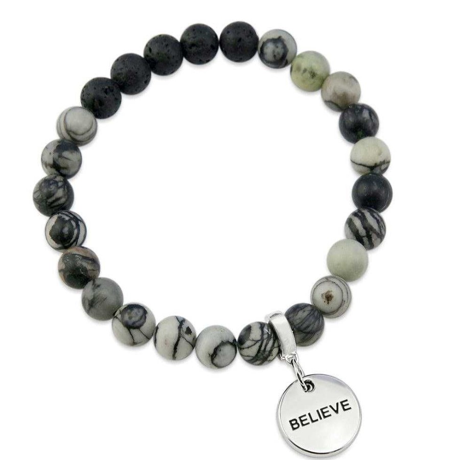 Jewellery Bracelets | Lava Stone Bracelet - 8Mm Scribble Stone + Lava Stone Beads - With Silver Word Charm