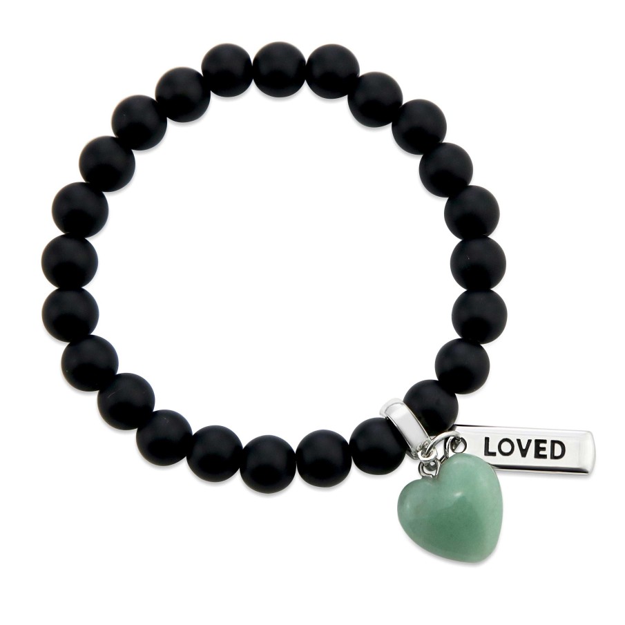 Jewellery Bracelets | Sweetheart Bracelet - 8Mm Matt Black Onyx Stone Beads With Small Green Adventurine Heart & Word Charm