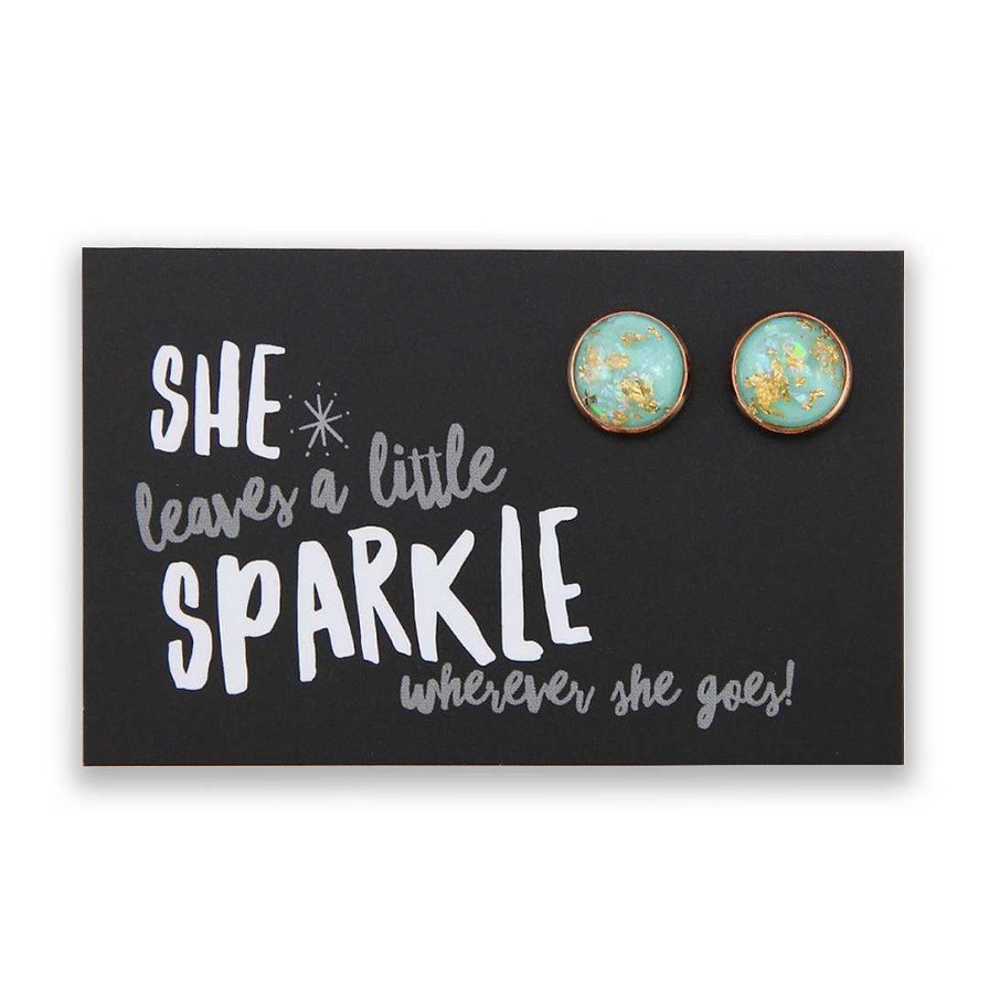 Jewellery Sparklefest | Sparklefest - She Leaves A Little Sparkle - Rose Gold Earrings - Aqua Gold Leaf (9503)