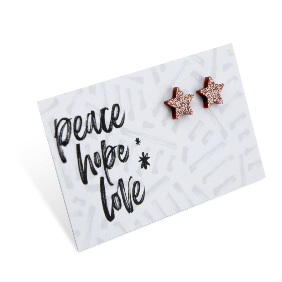 Jewellery Christmas | Sparkle Acrylic Studs Star - Peace Hope Love - Rose Gold Glitter (9414-R)