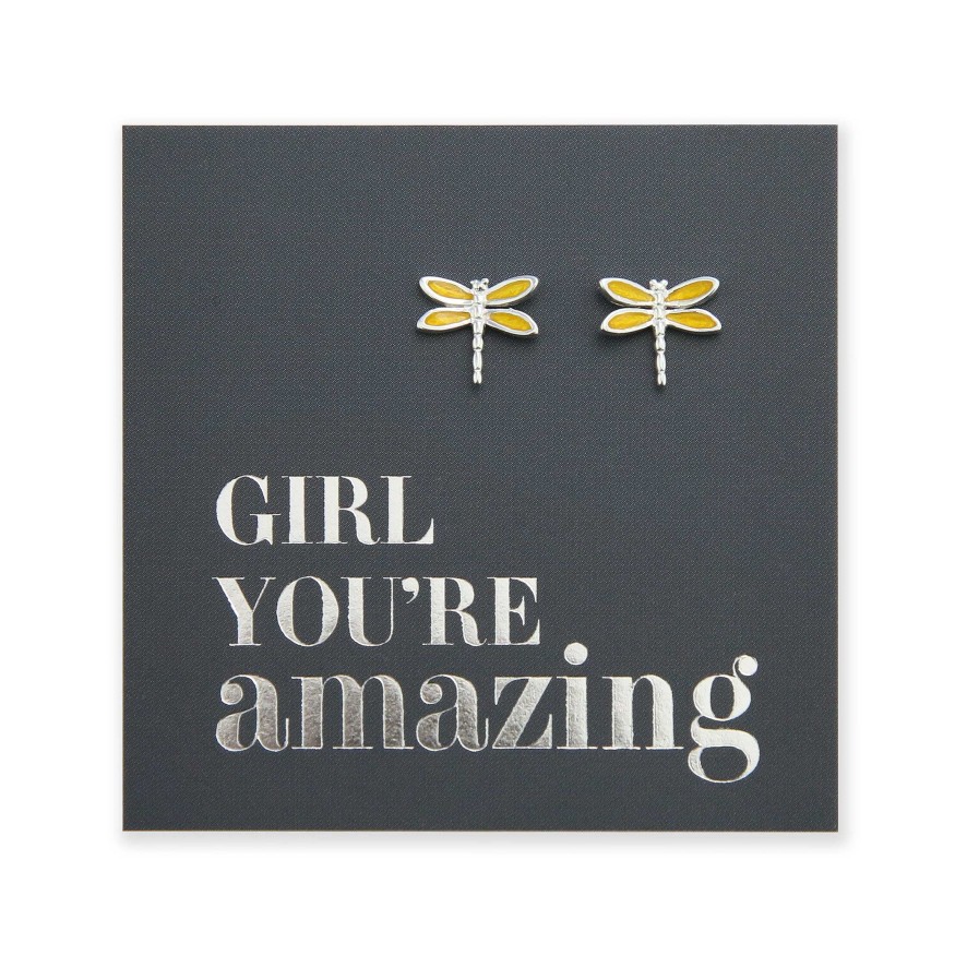 Jewellery Sterling Silver Studs | Yellow Dragonfly Studs - Sterling Silver - Girl You'Re Amazing (2407-F)