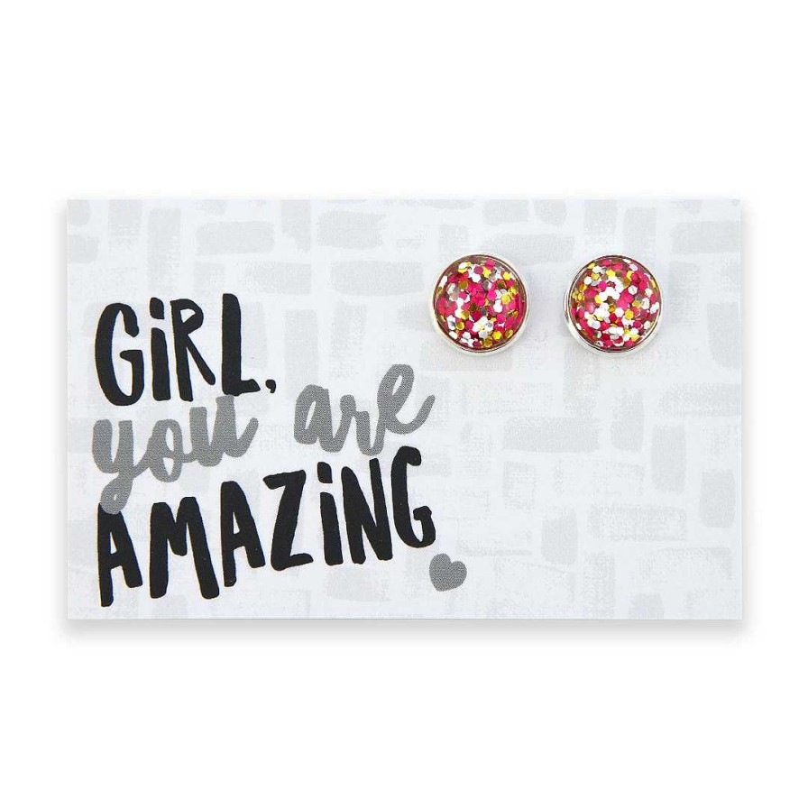 Jewellery Sparklefest | Pink Collection Sparklefest - Girl You'Re Amazing - Bright Silver Stud Earrings - Pink, Gold & Silver Glitter (2302-R)