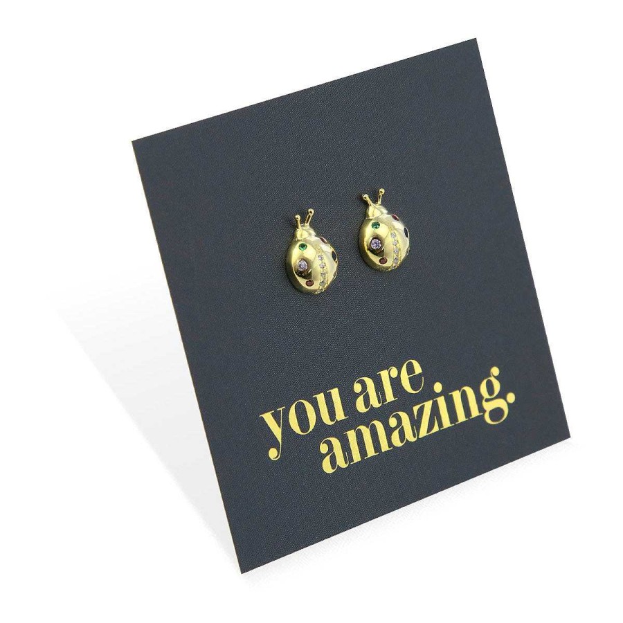 Jewellery Sterling Silver Studs | Ladybugs - Gold Sterling Silver Studs + Cz Gems- You Are Amazing (11341)