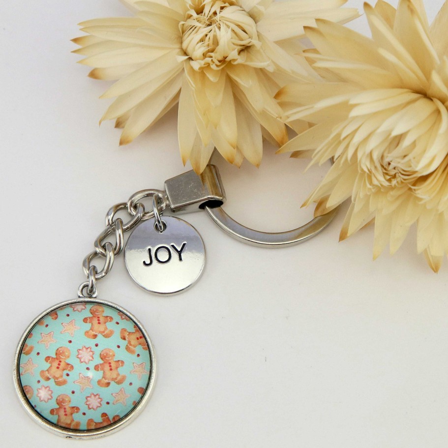 Accessories Papa Glewy | Christmas - Vintage Silver 'Joy' Keyring - Gingerbread Aqua (10324)