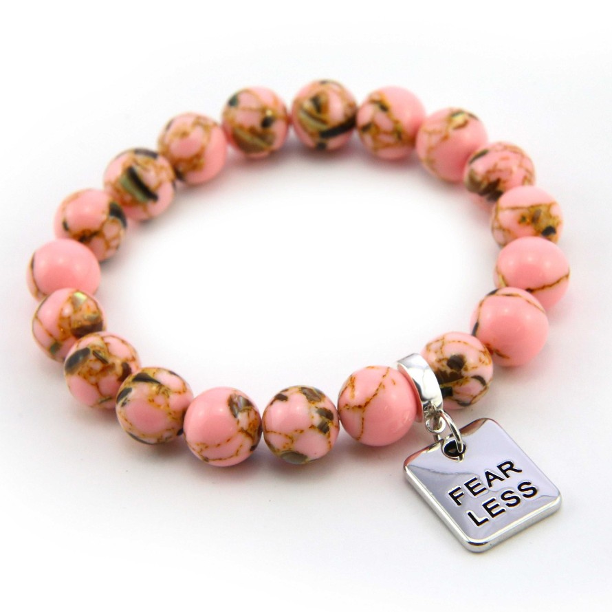 Jewellery Bracelets | Pink Collection - Soft Pink Synthesis 10Mm Bead Bracelet - Silver Word Charms